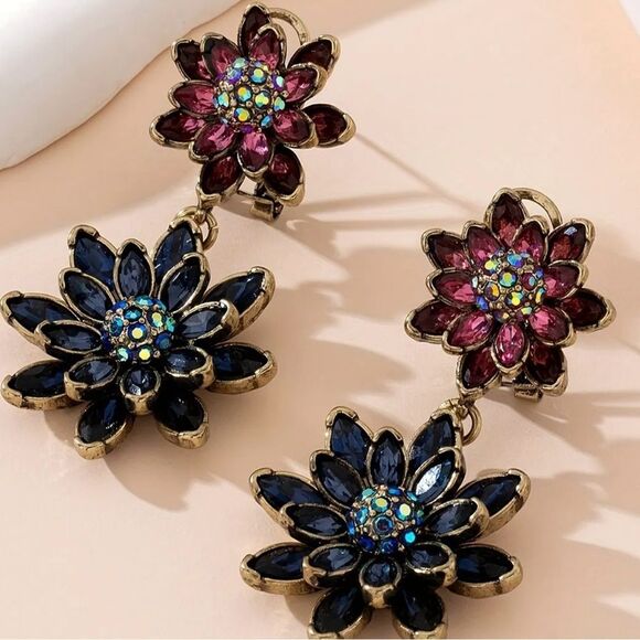 🌺 Heidi Daus Stunning Double Floral Earrings with Ruby and Blue Crystals 🌺 - Picture 1 of 5